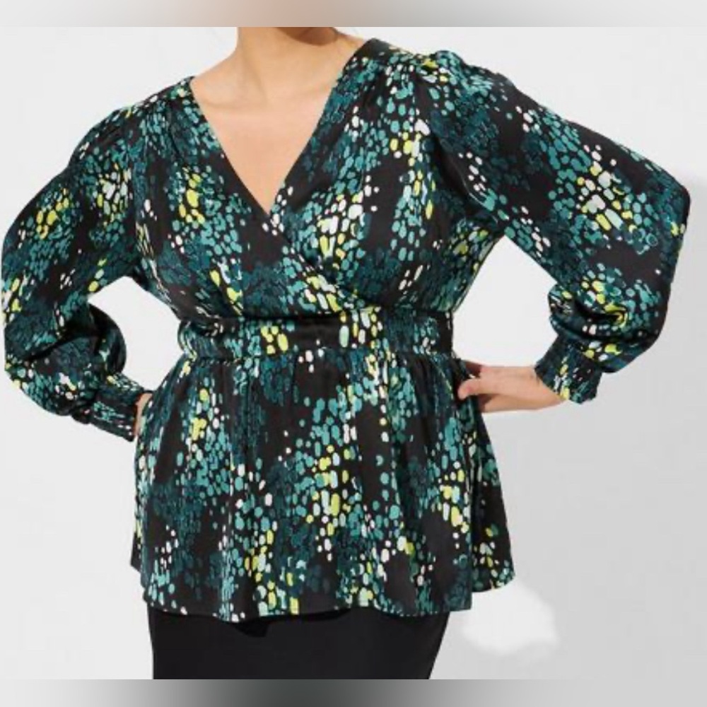 TORRID Satin Surplice Tie Open Back Long Sleeve Blouse Color: Brush Rain Dot 4X